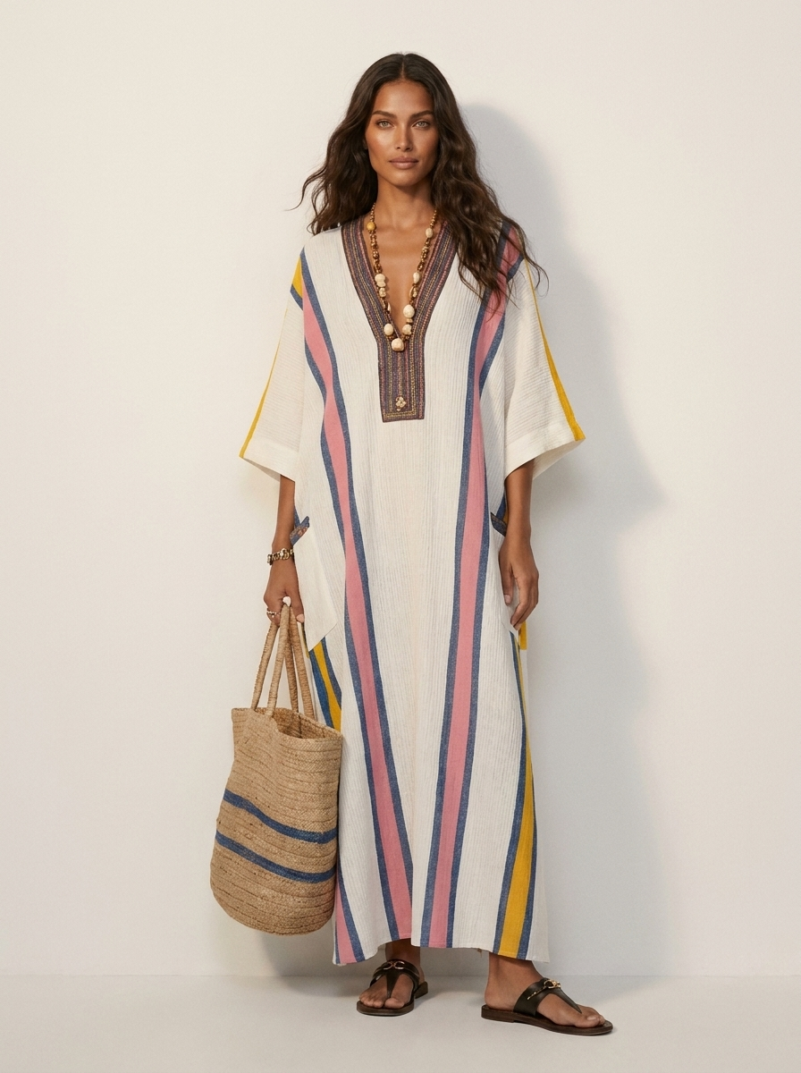 Maxi jurk met V-hals en bohemian details voor dames in wit-roze