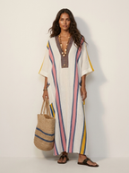 Maxi jurk met V-hals en bohemian details voor dames in wit-roze
