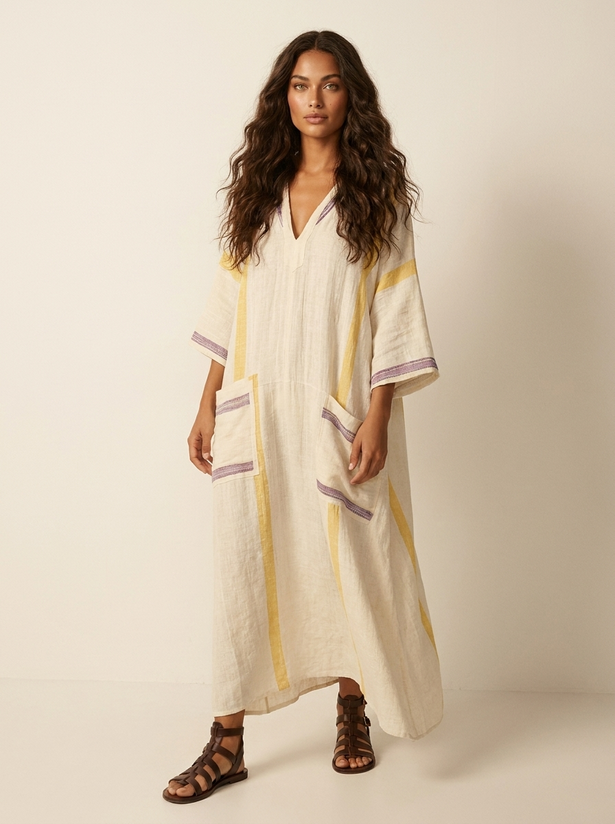 Maxi jurk met V-hals en bohemian details voor dames in beige-geel