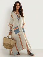 Maxi jurk met V-hals en bohemian details voor dames in beige-oranje