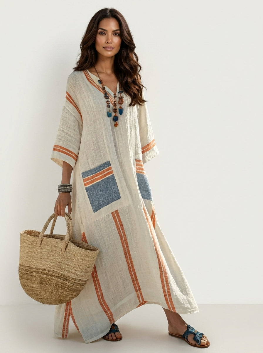 Maxi jurk met V-hals en bohemian details voor dames in beige-oranje