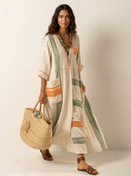 Maxi jurk met V-hals en bohemian details voor dames in beige-groen