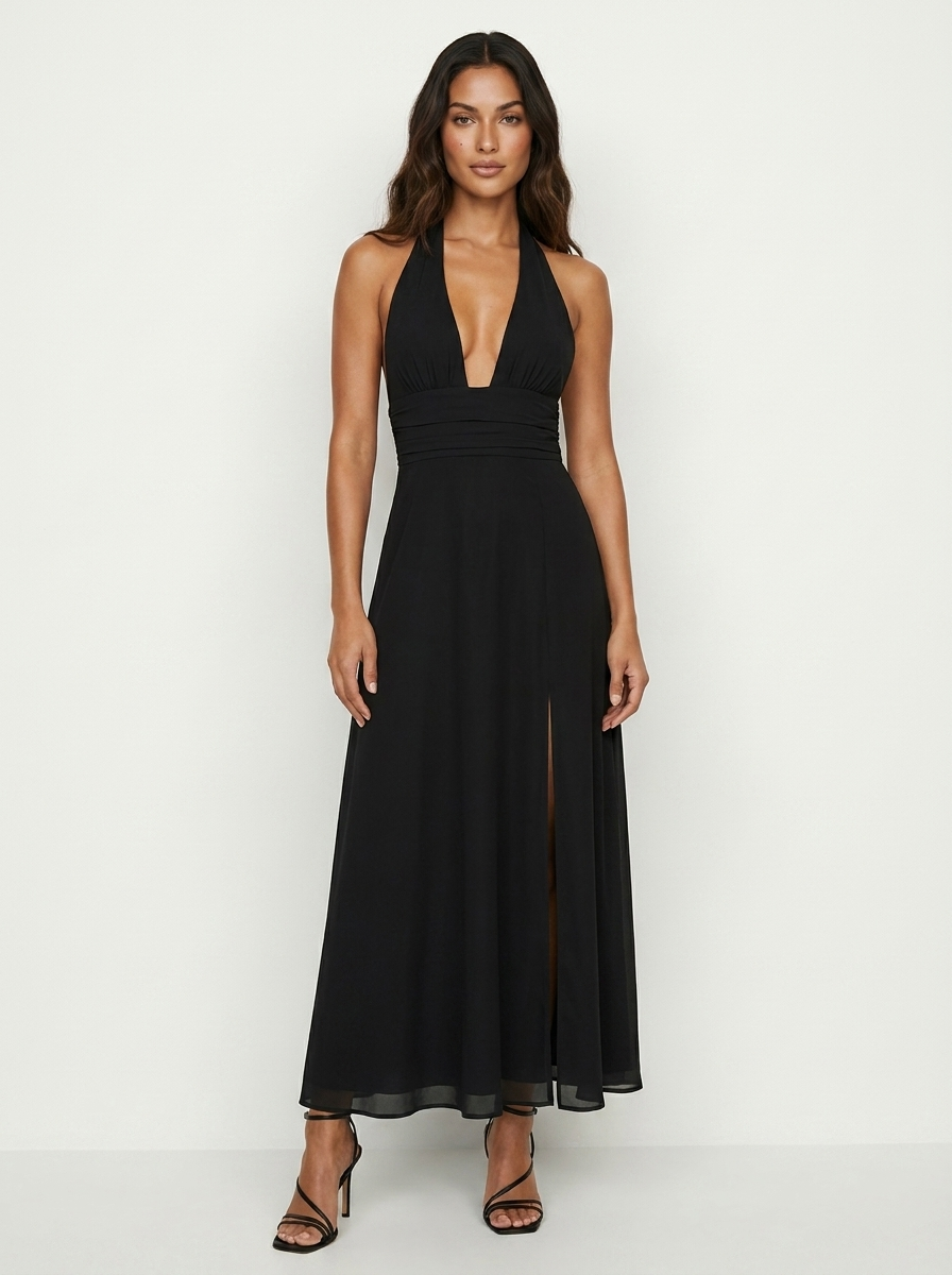 Maxi jurk met V-hals, geaccentueerde taille en split in zwart