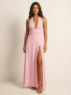 Maxi jurk met V-hals, geaccentueerde taille en split