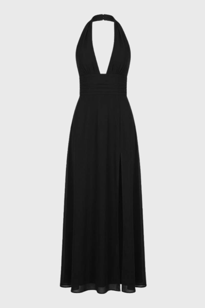 Maxi jurk met V-hals, geaccentueerde taille en split