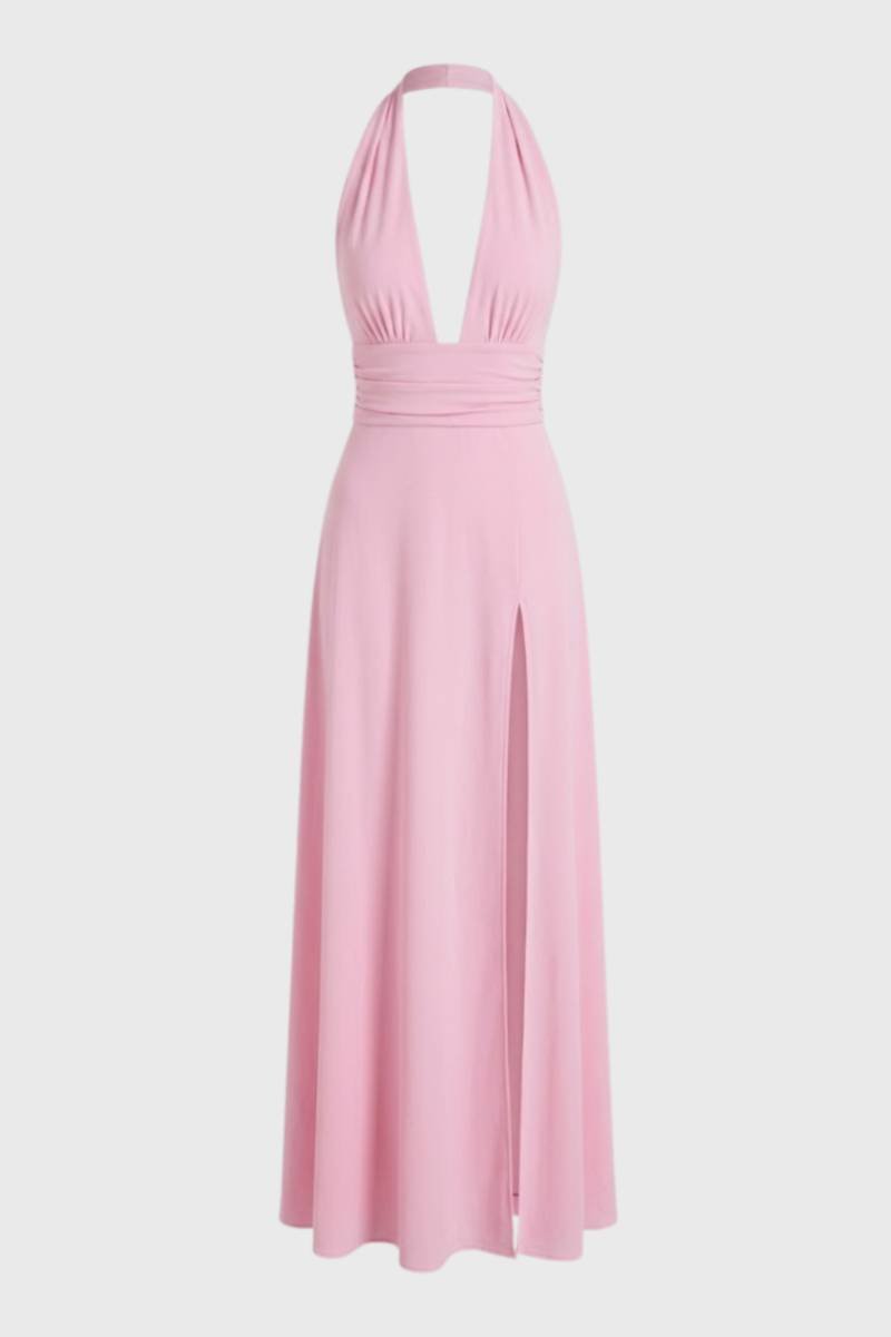 Maxi jurk met V-hals, geaccentueerde taille en split