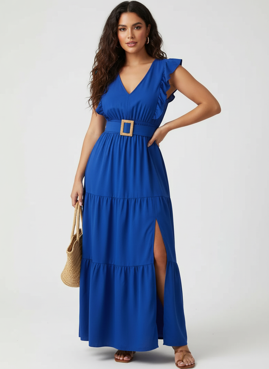 Maxi jurk met volant mouwen en V-hals voor dames in blauw