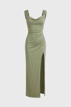 Maxi jurk met watervalhals en hoge split