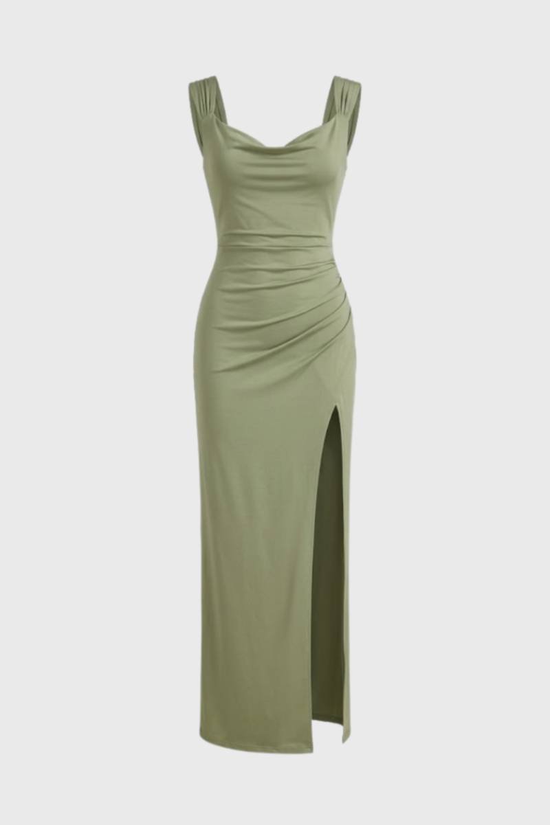 Maxi jurk met watervalhals en hoge split
