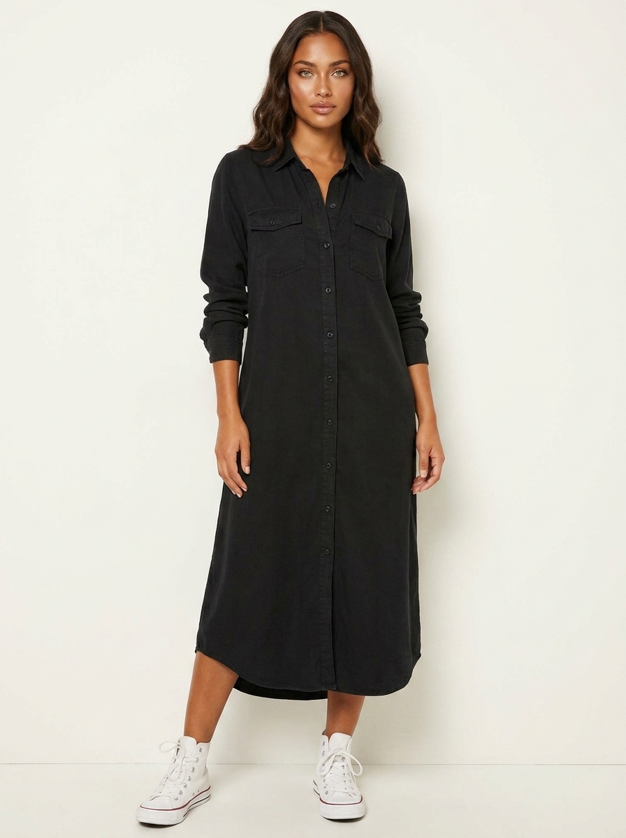 Maxi overhemdjurk met denimlook voor dames in zwart