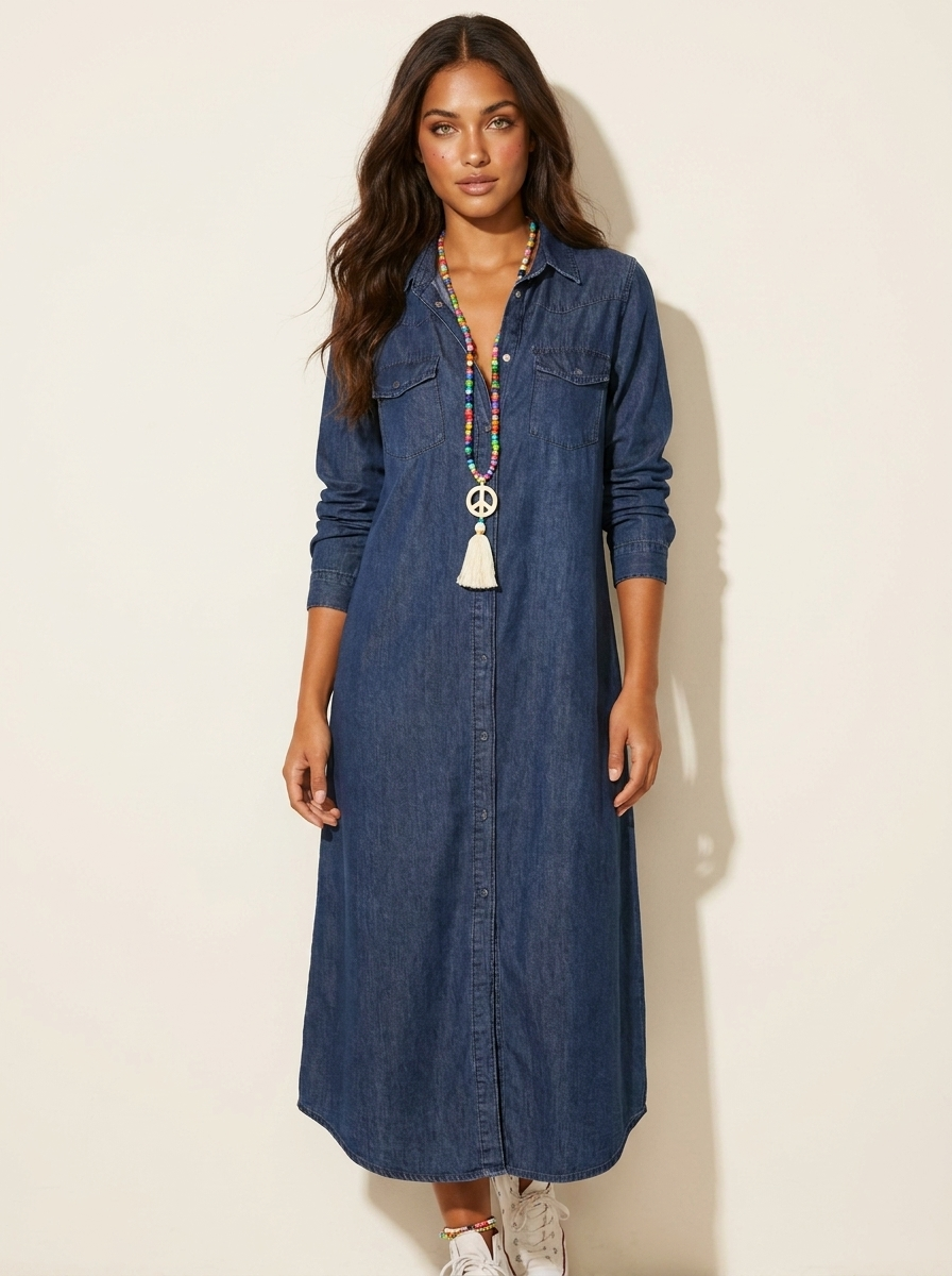 Maxi overhemdjurk met denimlook voor dames in donkerblauw