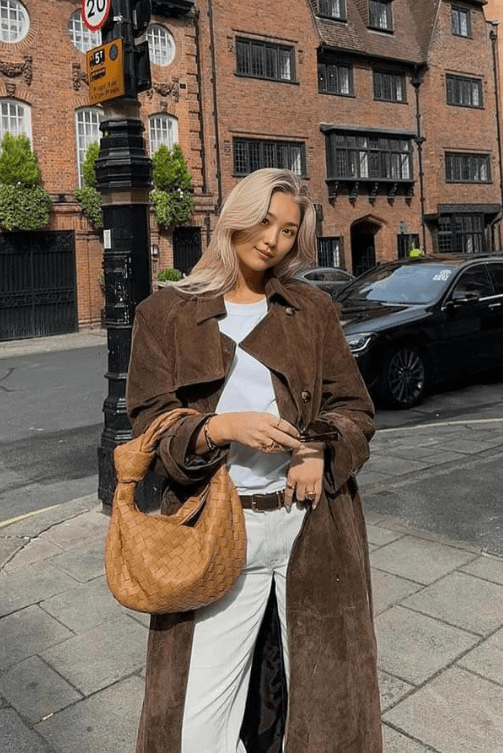 Maxi trenchcoat met ceintuur en suedelook voor dames in bruin