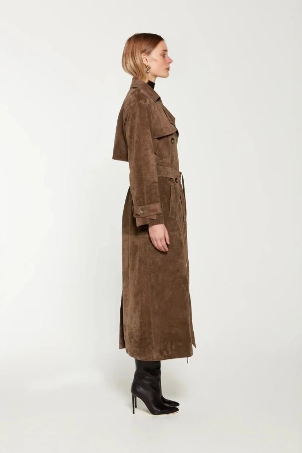 Maxi trenchcoat met ceintuur en suedelook voor dames
