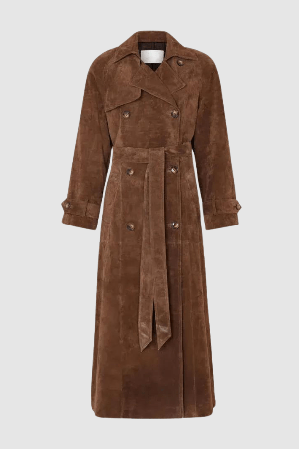Maxi trenchcoat met ceintuur en suedelook voor dames
