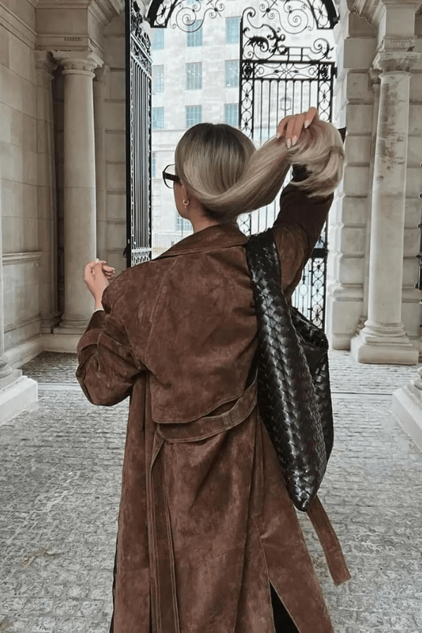 Maxi trenchcoat met ceintuur en suedelook voor dames