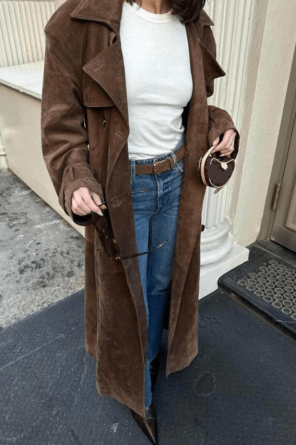 Maxi trenchcoat met ceintuur en suedelook voor dames