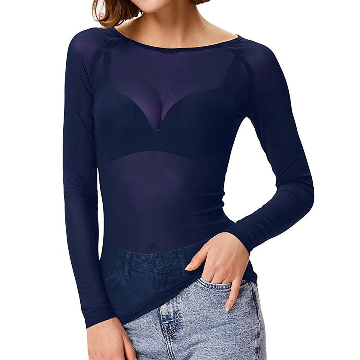 Mesh top met transparante stof en aansluitende pasvorm voor dames in blauw