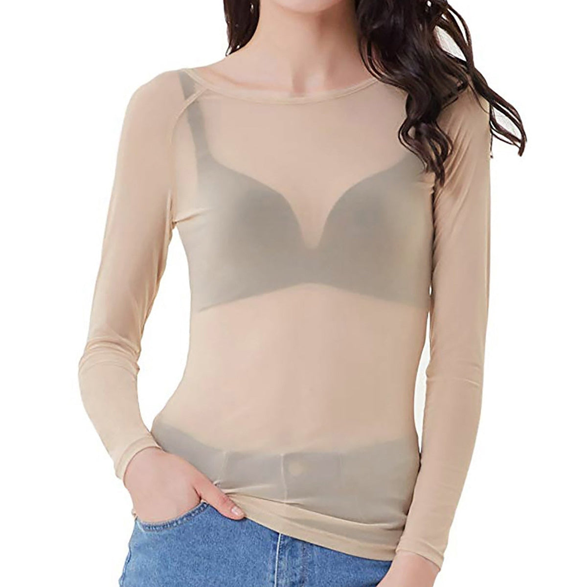 Mesh top met transparante stof en aansluitende pasvorm voor dames in creme