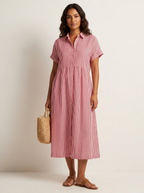 Midi blousejurk met streepdessin en knoopsluiting voor dames in rood