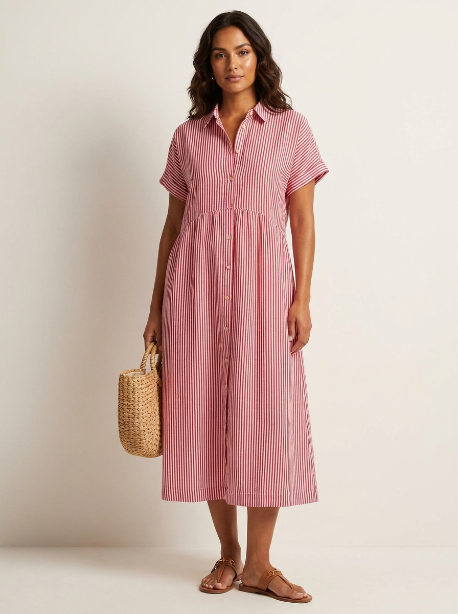 Midi blousejurk met streepdessin en knoopsluiting voor dames in rood