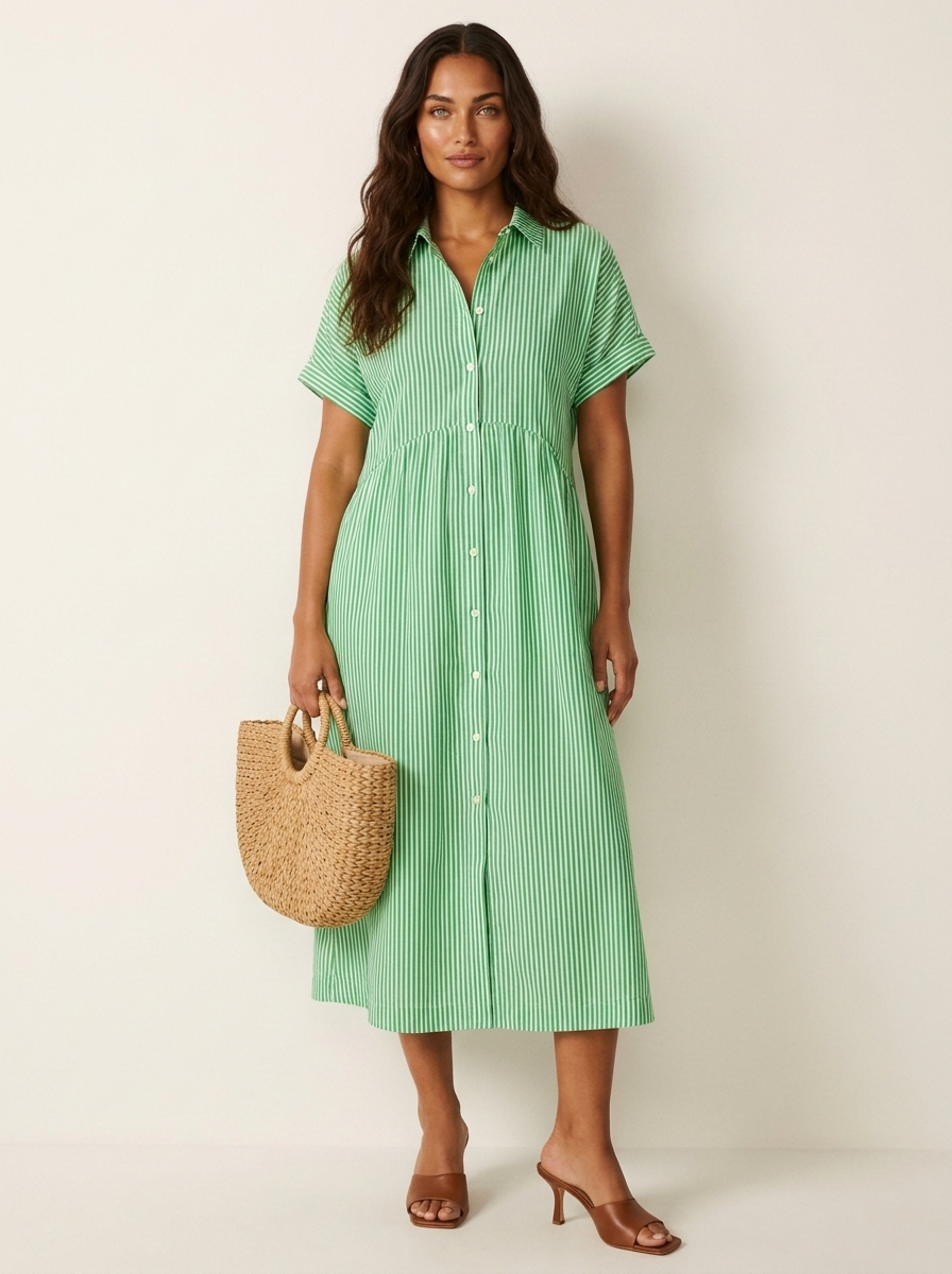 Midi blousejurk met streepdessin en knoopsluiting voor dames in groen