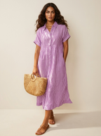 Midi blousejurk met streepdessin en knoopsluiting voor dames in roze