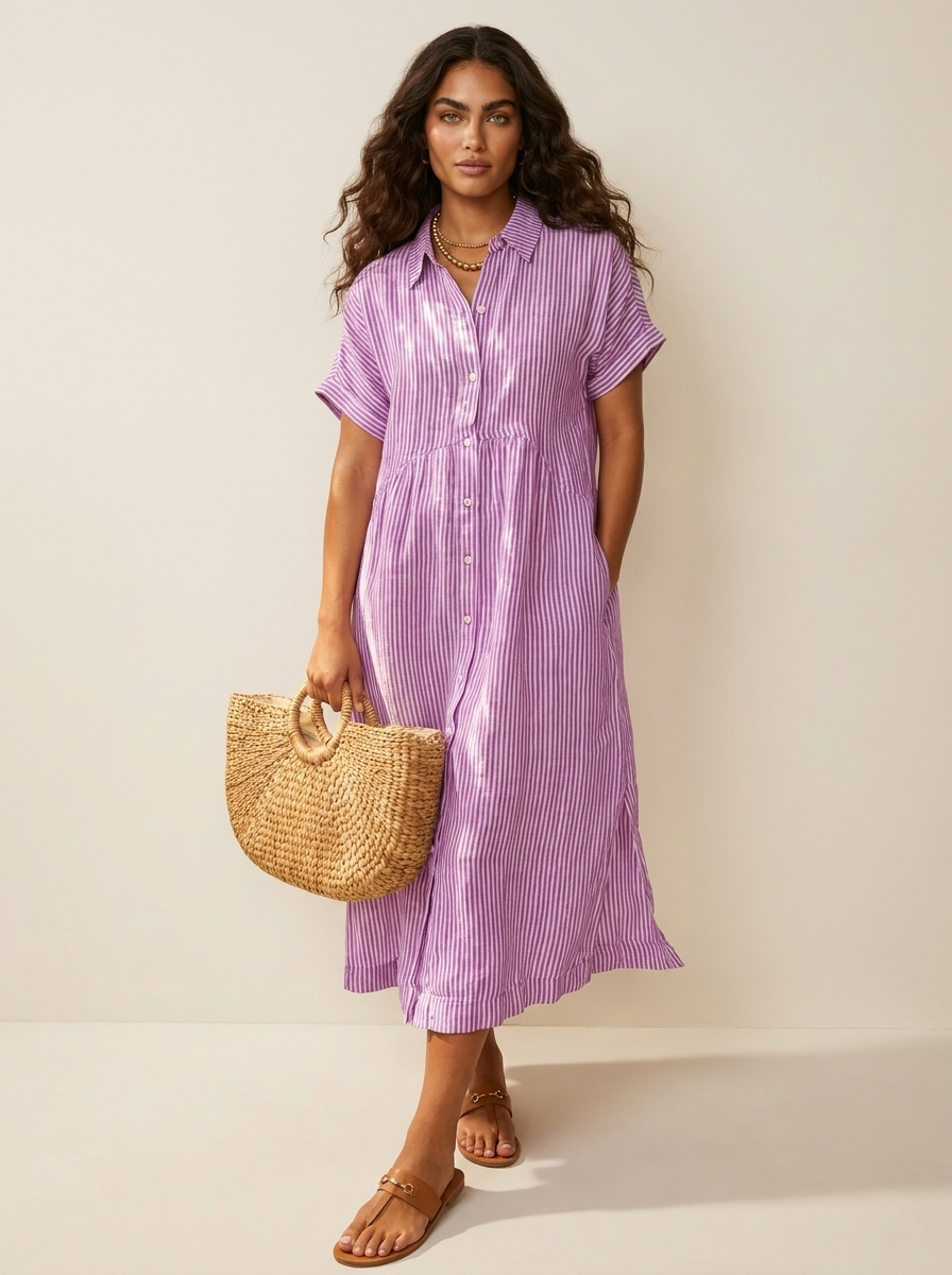 Midi blousejurk met streepdessin en knoopsluiting voor dames in roze