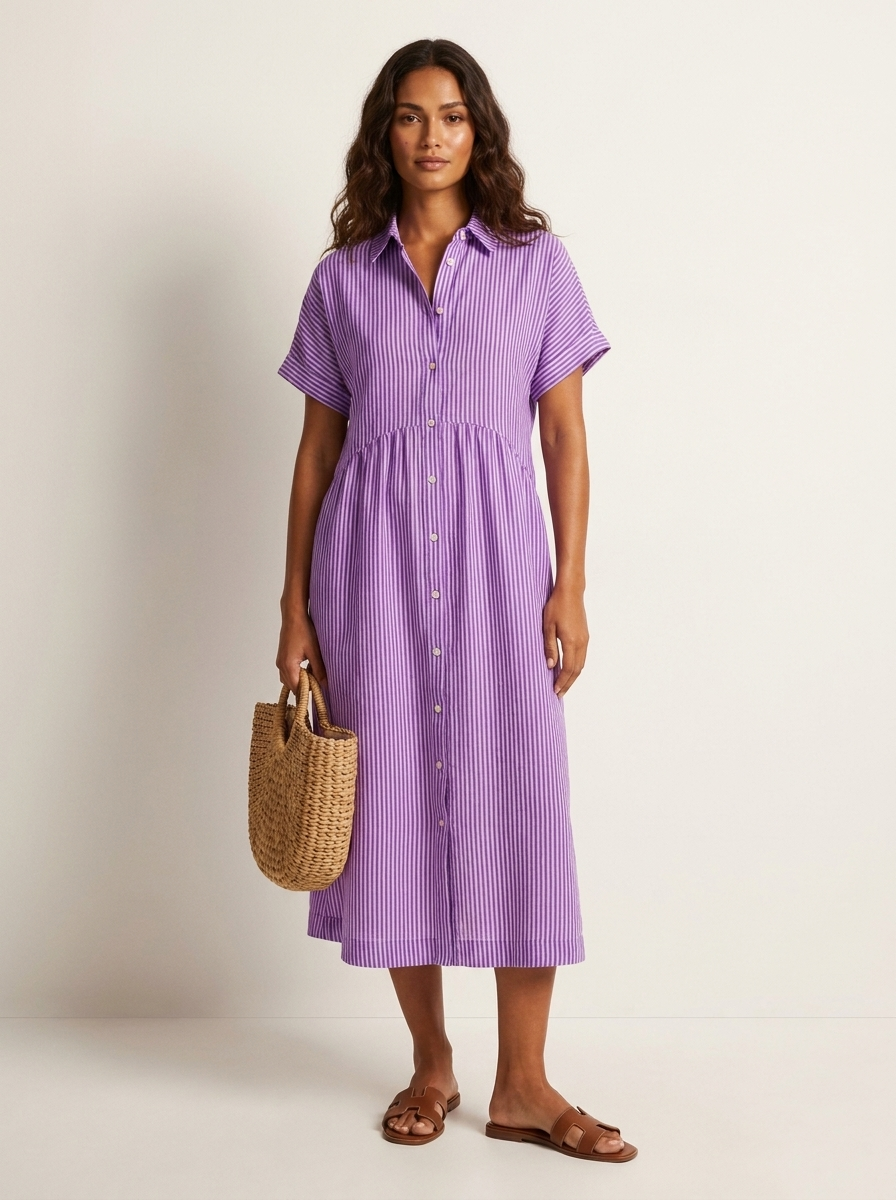 Midi blousejurk met streepdessin en knoopsluiting voor dames in paars