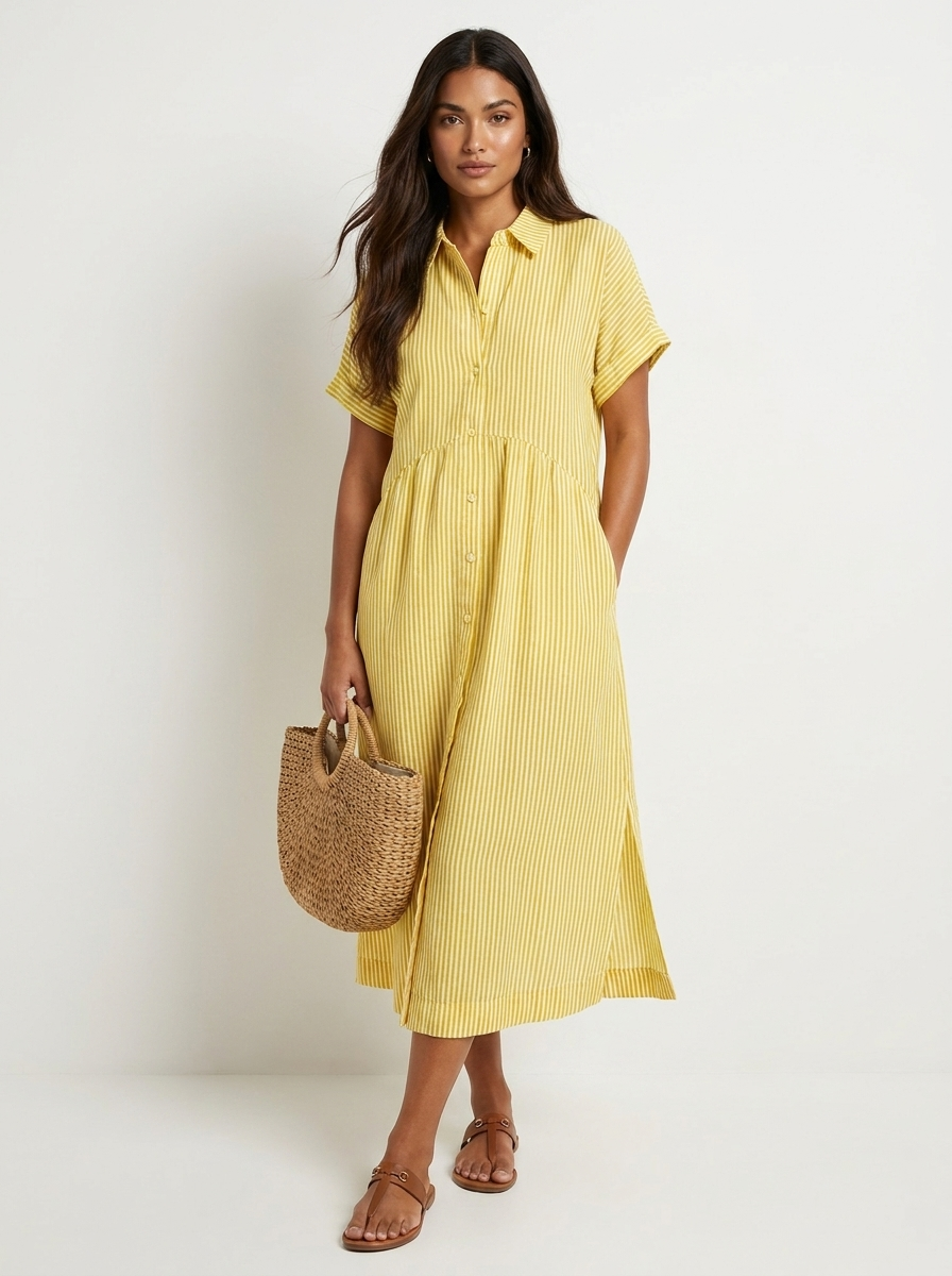 Midi blousejurk met streepdessin en knoopsluiting voor dames in geel