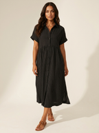 Midi blousejurk met streepdessin en knoopsluiting voor dames in zwart