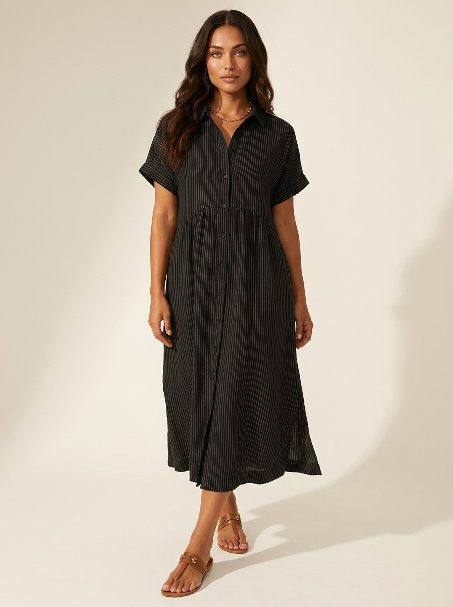 Midi blousejurk met streepdessin en knoopsluiting voor dames in zwart