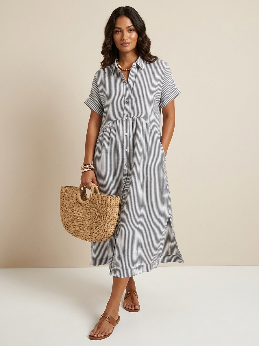 Midi blousejurk met streepdessin en knoopsluiting voor dames in grijs