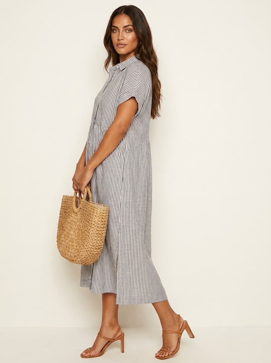 Midi blousejurk met streepdessin en knoopsluiting voor dames
