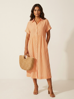 Midi blousejurk met streepdessin en knoopsluiting voor dames in oranje