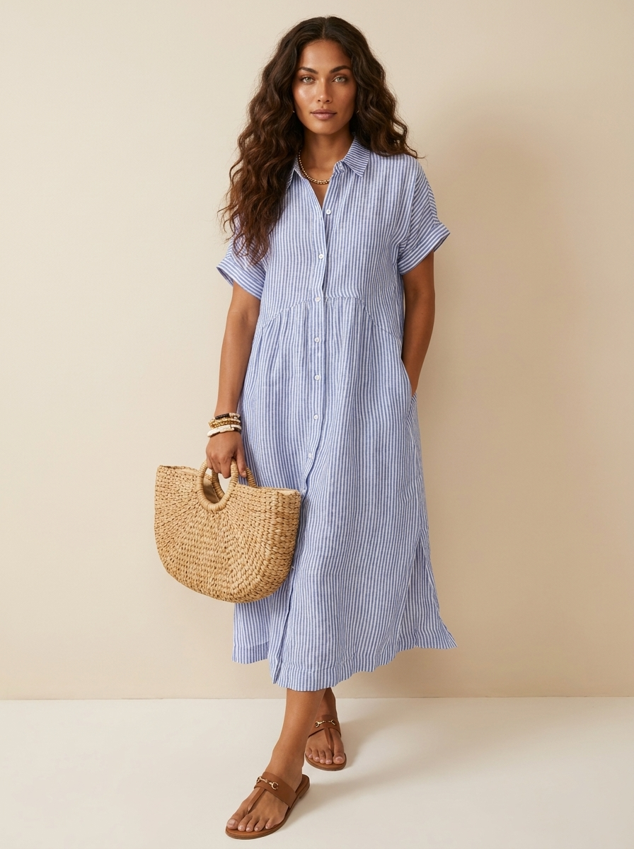 Midi blousejurk met streepdessin en knoopsluiting voor dames in blauw