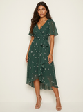 Midi jurk met bloemenprint en vlindermouwen voor dames in groen