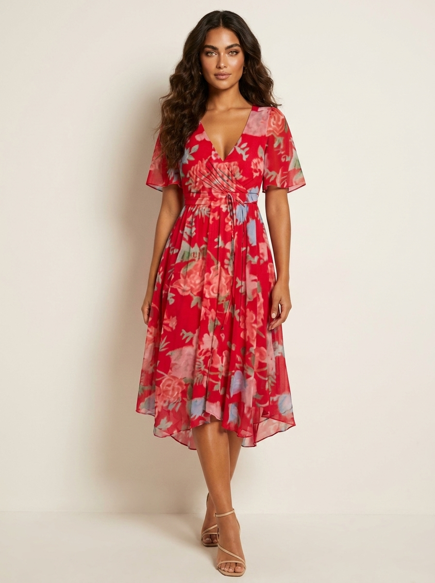 Midi jurk met bloemenprint en vlindermouwen voor dames in roze