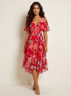 Midi jurk met bloemenprint en vlindermouwen voor dames in roze