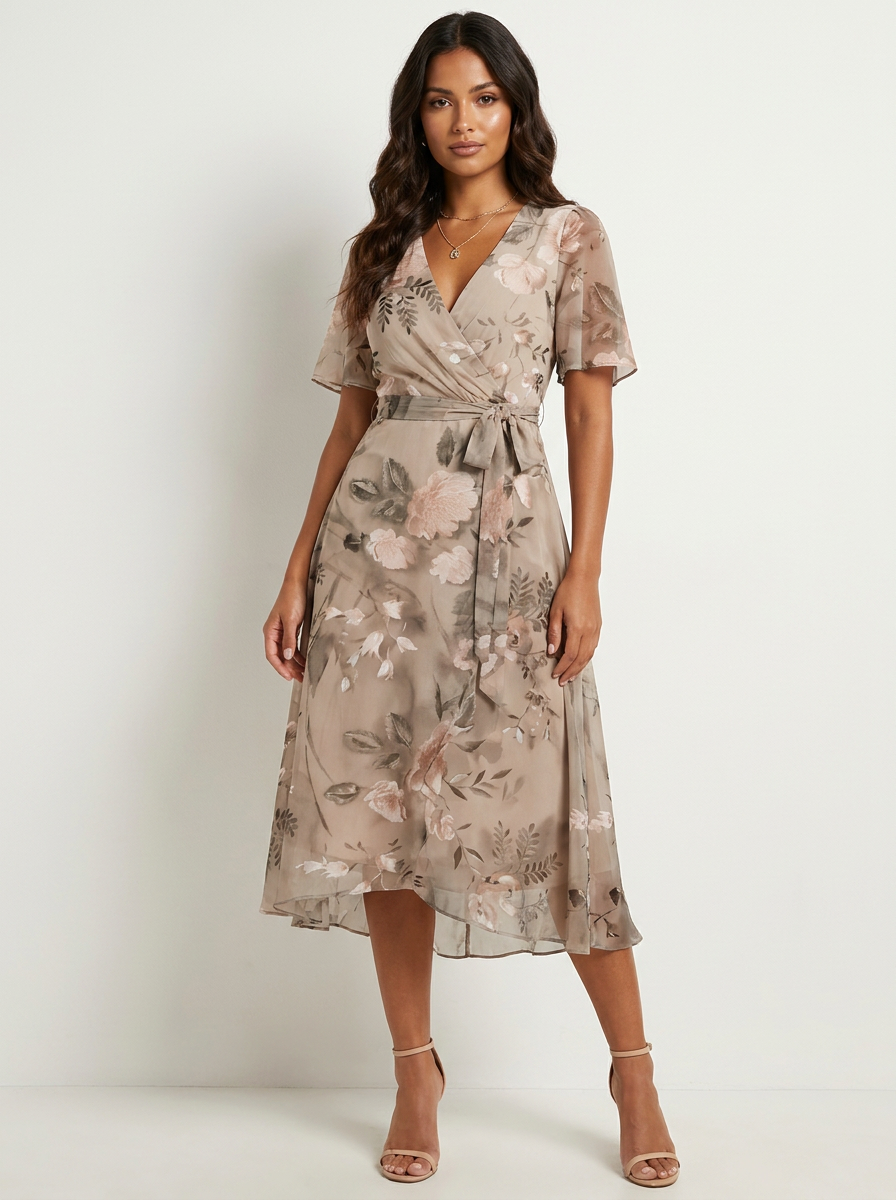 Midi jurk met bloemenprint en vlindermouwen voor dames in beige