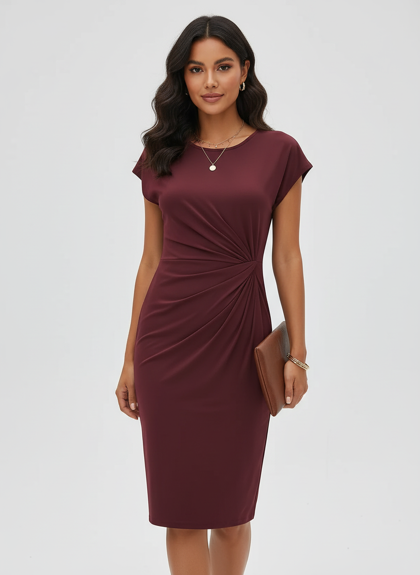 Midi jurk met geplooide taille en stretchstof voor dames in bordeaux
