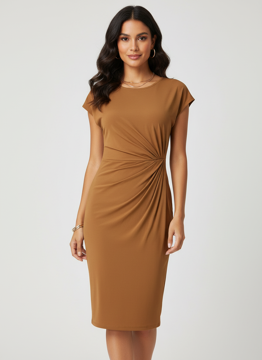 Midi jurk met geplooide taille en stretchstof voor dames in bruin