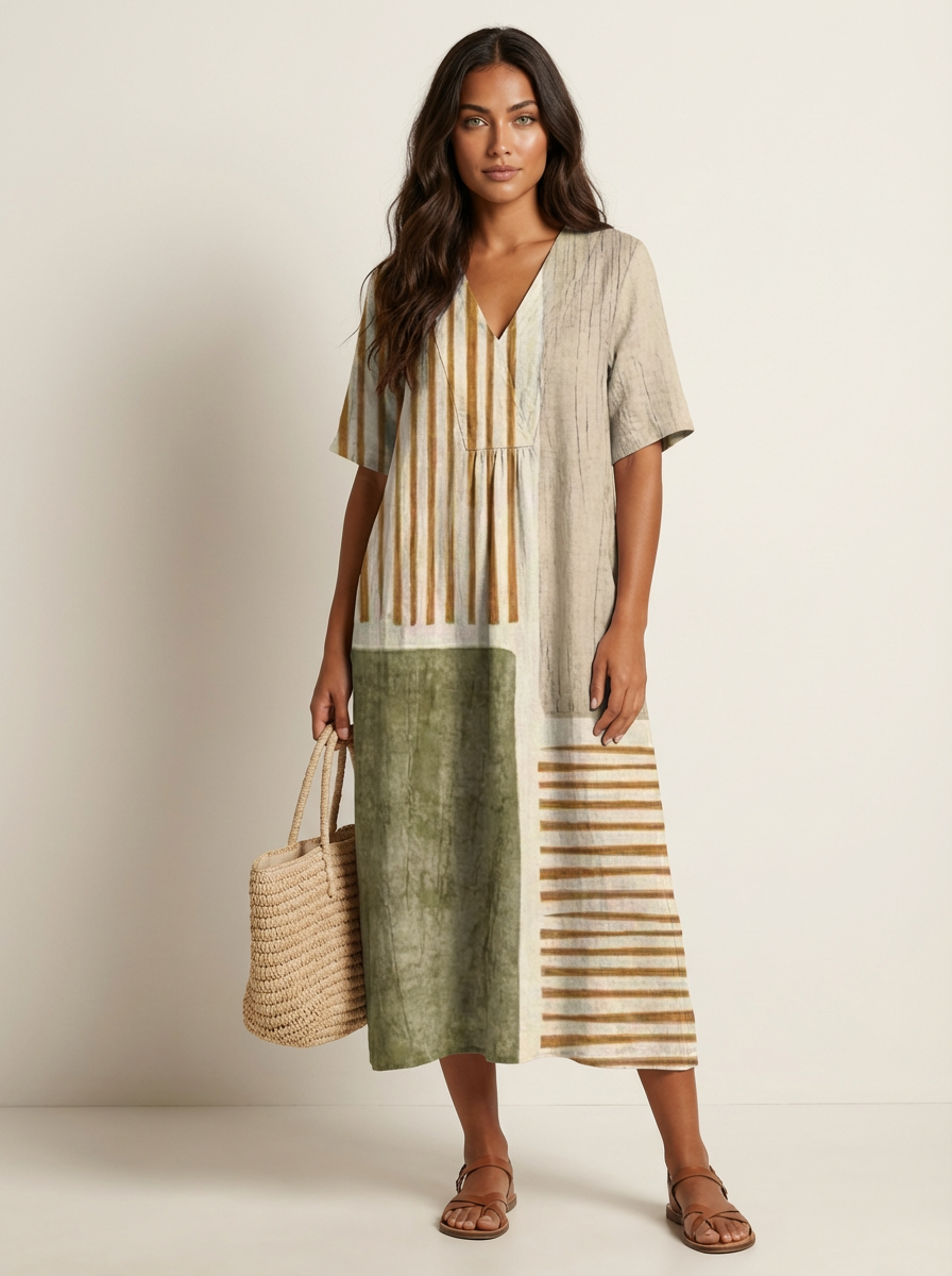 Midi jurk met artistieke print en V-hals