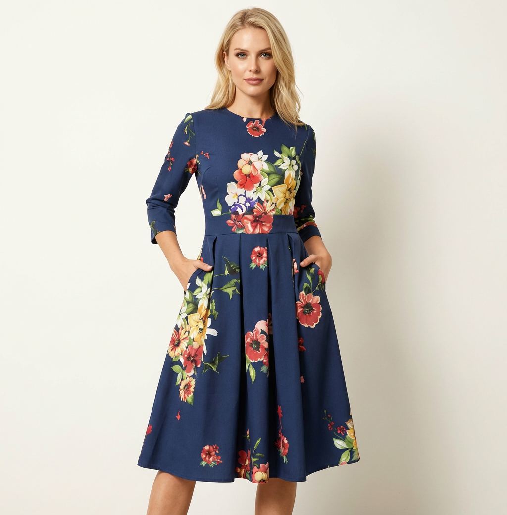 Midi jurk met bloemenprint en 3/4 mouwen in navy