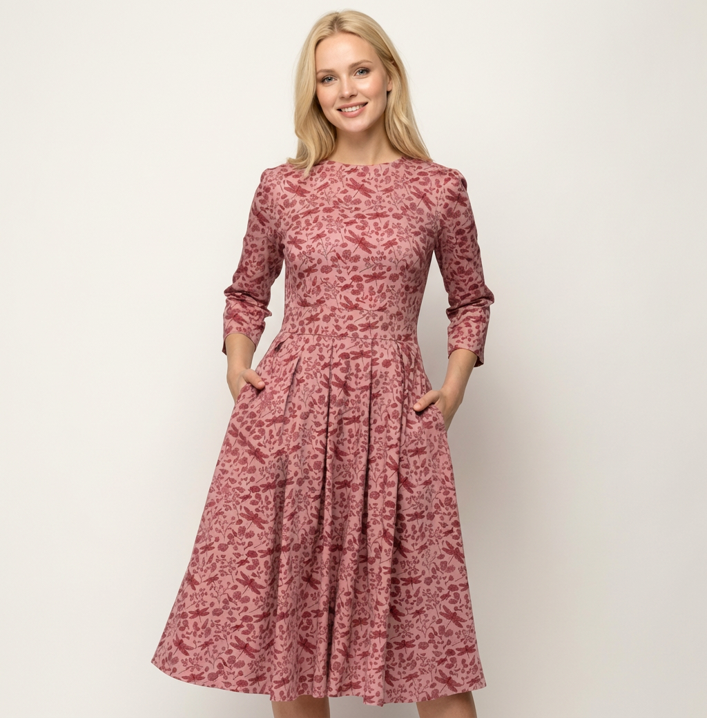Midi jurk met bloemenprint en 3/4 mouwen in roze