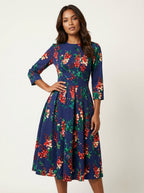 Midi jurk met bloemenprint en 3/4 mouwen in blauw