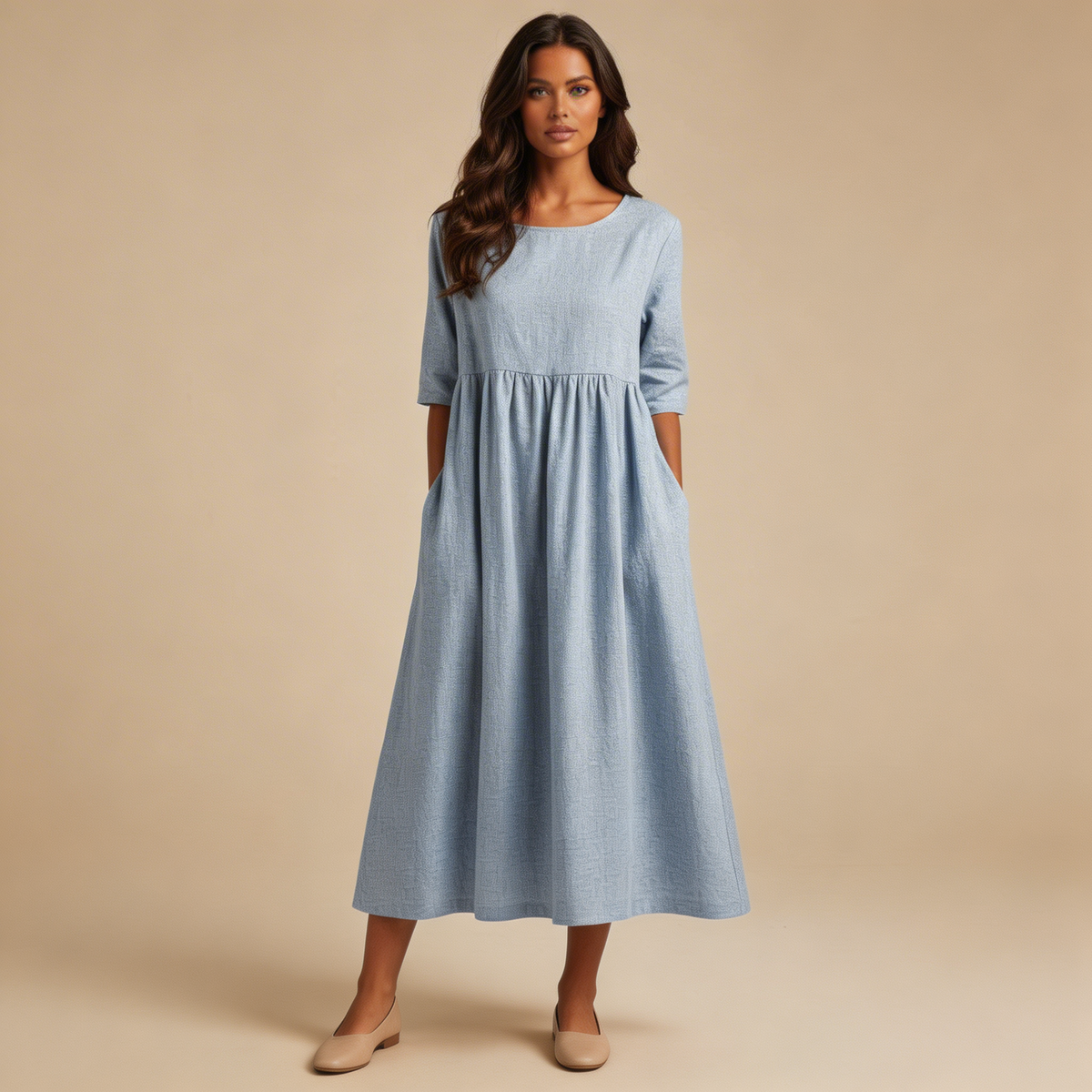 Midi jurk met ronde hals en halve mouwen in licht blauw