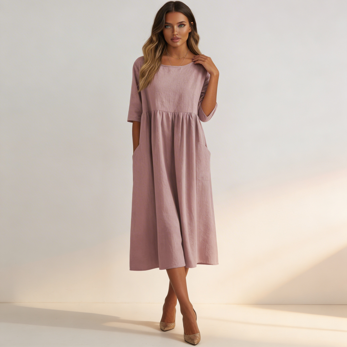Midi jurk met ronde hals en halve mouwen in roze