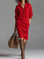 Midi-jurk met knoopsluiting aan de hals en soepele pasvorm voor dames in rood
