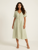 Midi jurk met knoopsluiting en zijzakken in beige