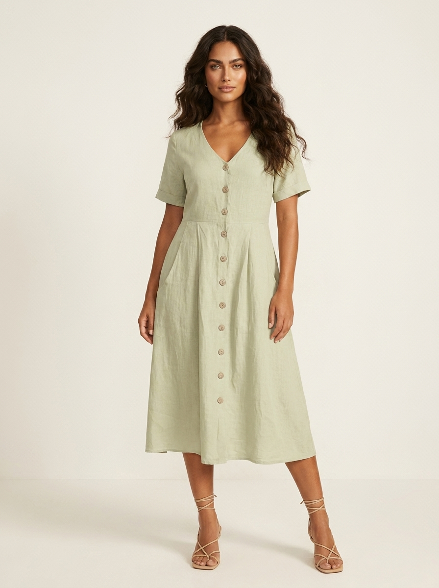 Midi jurk met knoopsluiting en zijzakken in beige